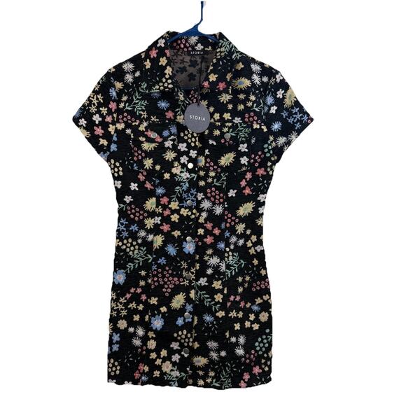 Storia New Black Floral Tapestry Mini Dress Medium Full Snap Dark Floral Retro - Picture 1 of 13